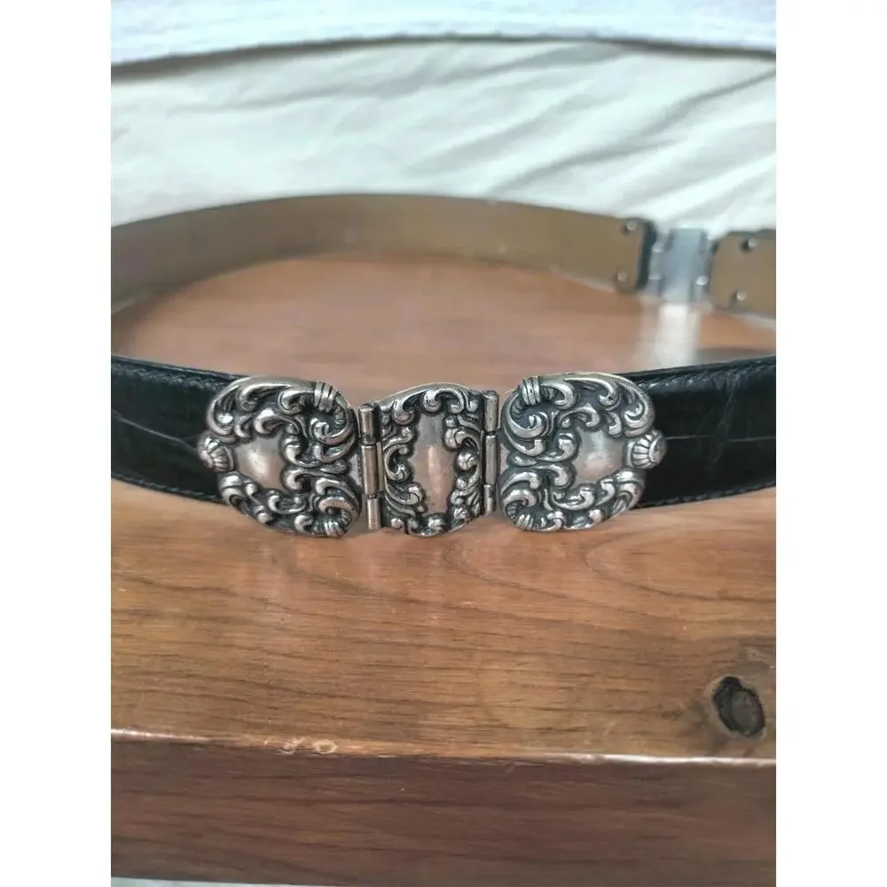 Vintage Fossil‎ Black L Croc-Embossed Leather Belt - Ornate Hinged Silver Buckle